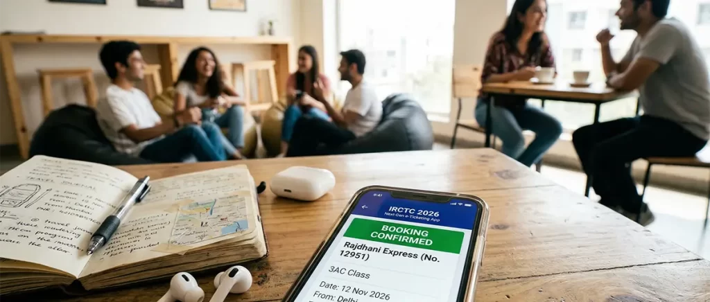 Traveler's tools including a smartphone showing a confirmed IRCTC train booking inside a modern Indian hostel common room.