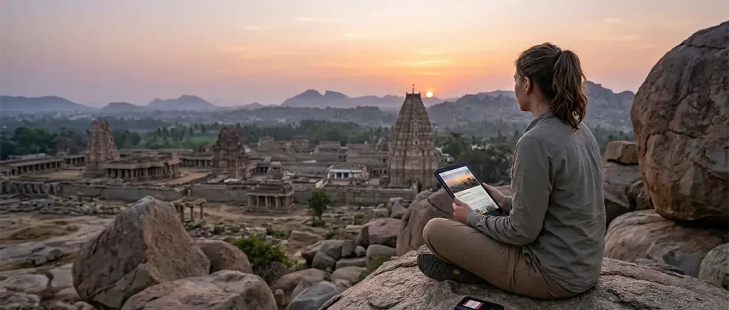 Candid editorial shot of a solo traveler sitting on boulders overlooking the ruins of Hampi at sunrise, working on a tablet connected to 5G.