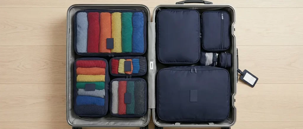 Organized suitcase using compression packing cubes for space efficiency.