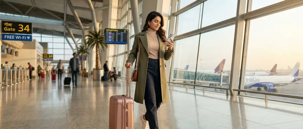 A traveler using a smartphone for digital check-in at an Indian airport.