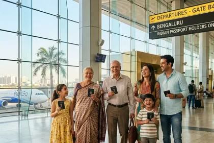 Indian family with passports at an airport for visa-free travel.