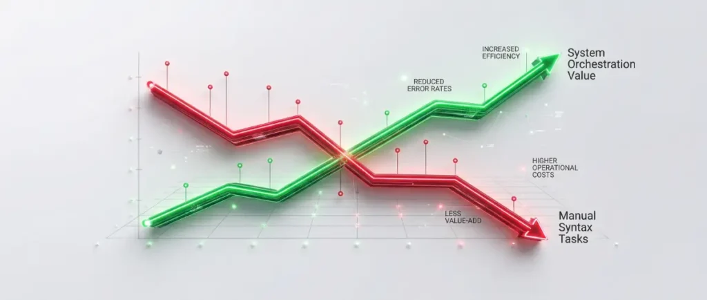Data visualization showing the declining economic value of manual AI prompting versus the rising value of human strategic oversight in 2026.