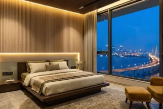 Luxury 2026 bedroom design with smart lighting and wood paneling.