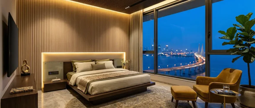 Luxury 2026 bedroom design with smart lighting and wood paneling.