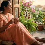 A mindful Indian homemaker enjoying a calm moment at sunrise with a copper water cup