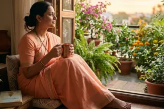 A mindful Indian homemaker enjoying a calm moment at sunrise with a copper water cup