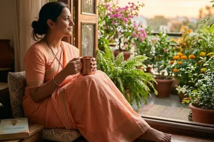 A mindful Indian homemaker enjoying a calm moment at sunrise with a copper water cup