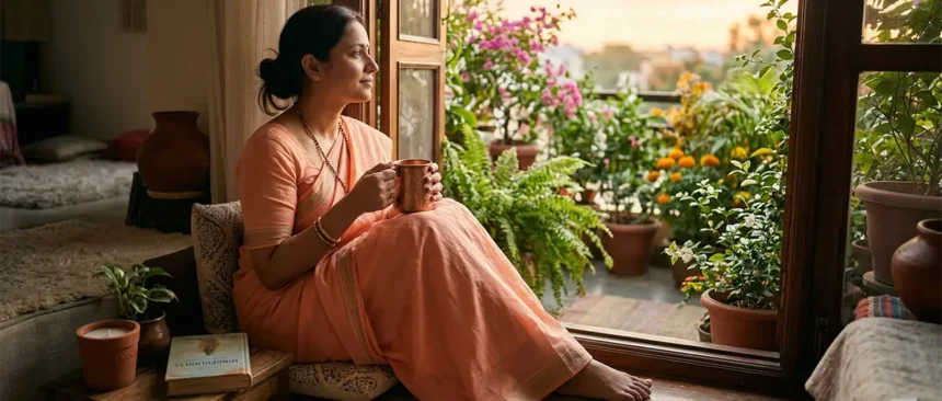 A mindful Indian homemaker enjoying a calm moment at sunrise with a copper water cup