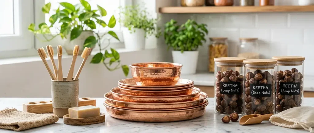 Sustainable daily use products including bamboo and copper essentials.