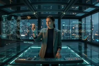 A professional orchestrating multiple autonomous AI agents through a holographic interface in a 2026 office setting.