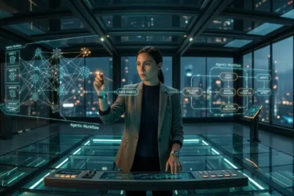 A professional orchestrating multiple autonomous AI agents through a holographic interface in a 2026 office setting.