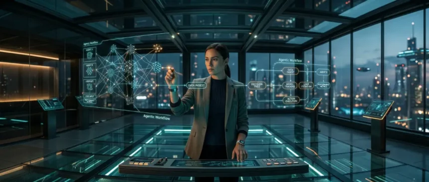 A professional orchestrating multiple autonomous AI agents through a holographic interface in a 2026 office setting.