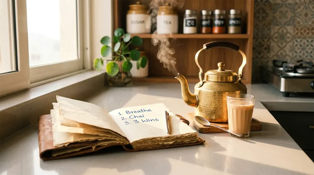 A handwritten habit stacking checklist next to a steaming chai kettle on an Indian kitchen counter.