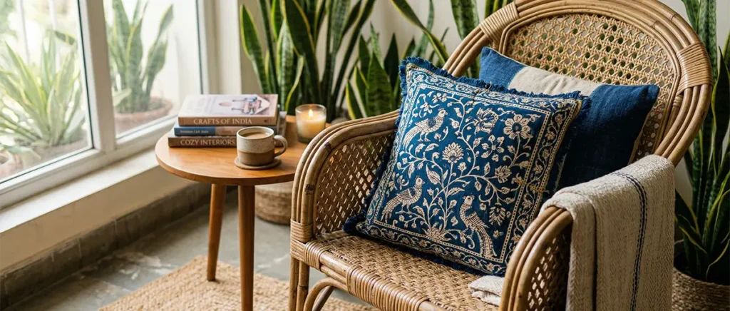 Hand-blocked indigo cotton cushion on a sustainable cane chair.