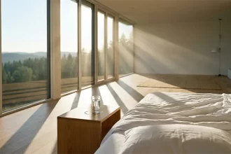 A bright minimalist bedroom filled with natural morning sunlight demonstrating the ideal biological environment for a healthy morning routine.