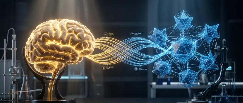 Conceptual representation of a Human-AI hybrid team showing the synergy between human intuition and machine execution.