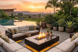 A luxurious U-shaped modular outdoor sofa on a farmhouse patio at sunset, showcasing modern outdoor furniture ideas.