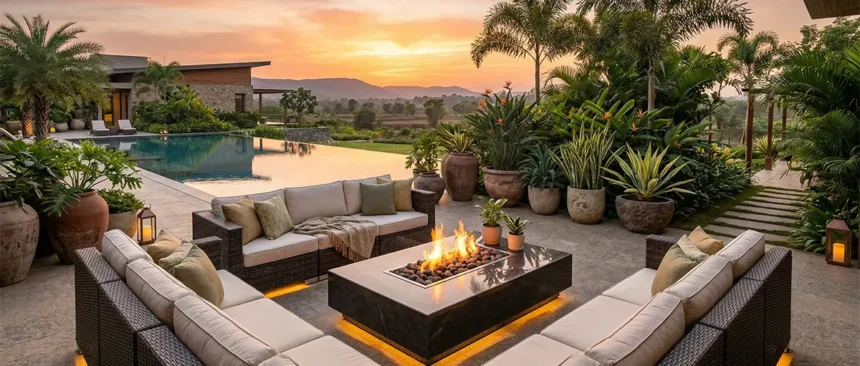 A luxurious U-shaped modular outdoor sofa on a farmhouse patio at sunset, showcasing modern outdoor furniture ideas.
