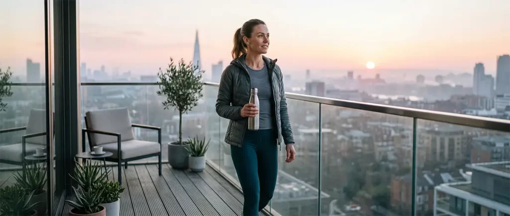 A professional engaging in morning habits for health by getting natural sunlight exposure on an outdoor balcony to reset circadian rhytms.