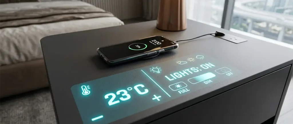 Close-up of a 2026 smart bedside table with wireless charging and IoT controls.