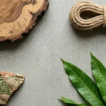 Sustainable modern Indian living room with jute rug and wooden decor.