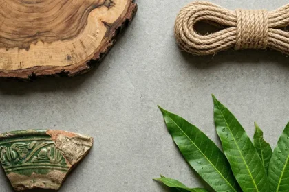 Sustainable modern Indian living room with jute rug and wooden decor.
