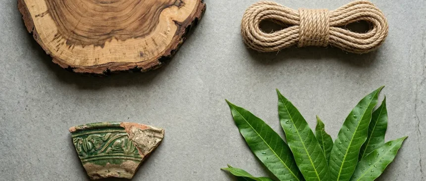 Sustainable modern Indian living room with jute rug and wooden decor.
