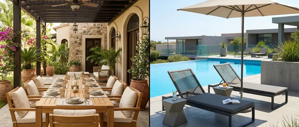 A comparison of traditional teak wood dining furniture and modern aluminum lounge chairs for patio setup ideas.