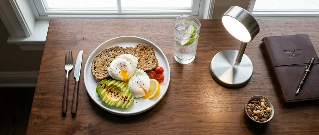 A flat-lay demonstrating wellness tips including a high-protein breakfast and a 10,000 lux light therapy lamp for sustainable morning energy.